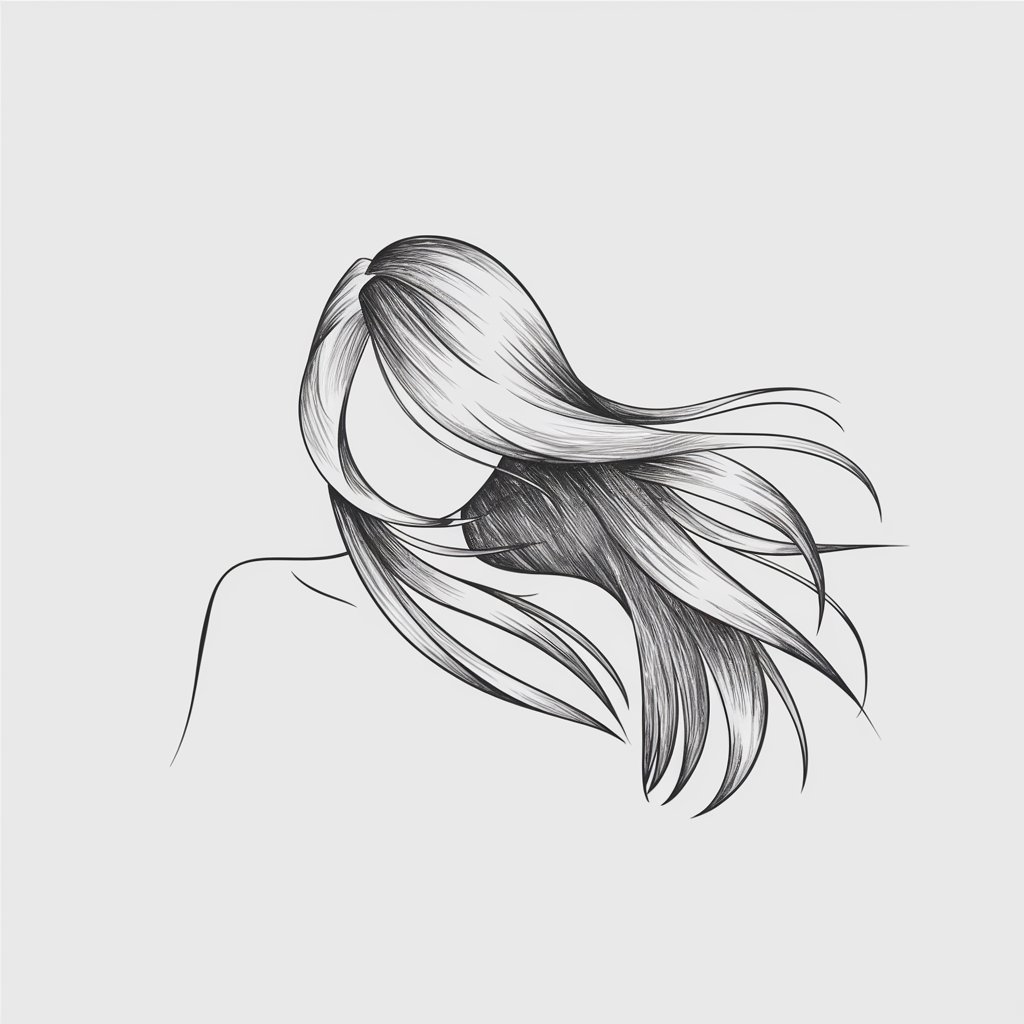 A minimalist pencil drawing illustration of long, flowing hair swaying gently in the wind on a plain white background. The hair is drawn in a simplistic style with clean, sweeping lines and subtle shading to emphasize movement and light, creating a serene and dynamic composition.