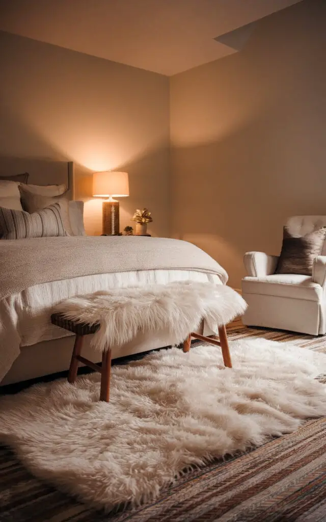 A photo of a cozy bedroom with a fluffy white shag rug spread beneath a very cozy bed draped in soft, neutral-toned bedding. The high-pile rug extends beyond the edges of the bed, providing an ultra-soft surface that feels luxurious underfoot. A wooden bench with a faux fur cushion sits at the foot of the bed, while a plush armchair in the corner completes the look. The space is illuminated by warm, diffused lighting from bedside lamps, creating an inviting retreat.