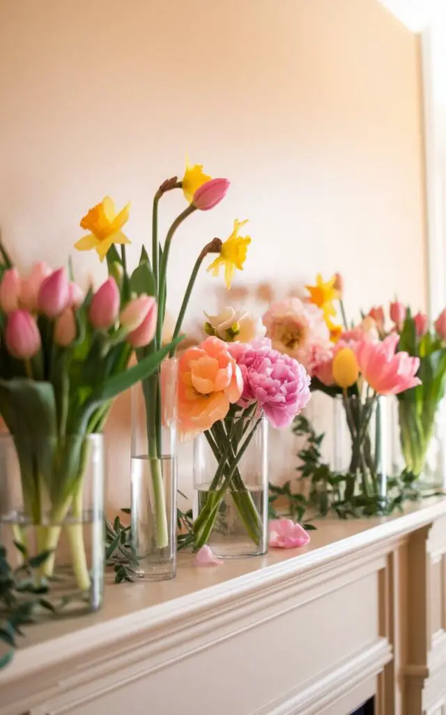 A photo of a spring mantel with an arrangement of bright, fresh flowers such as tulips, daffodils, and peonies in various pastel shades. The flowers are placed in glass vases of different heights, creating a dynamic display. A soft cream wall serves as the backdrop, while the mantel is adorned with subtle greenery and a few scattered flower petals for a whimsical, seasonal touch. Warm natural light floods the space, enhancing the fresh, airy vibe.