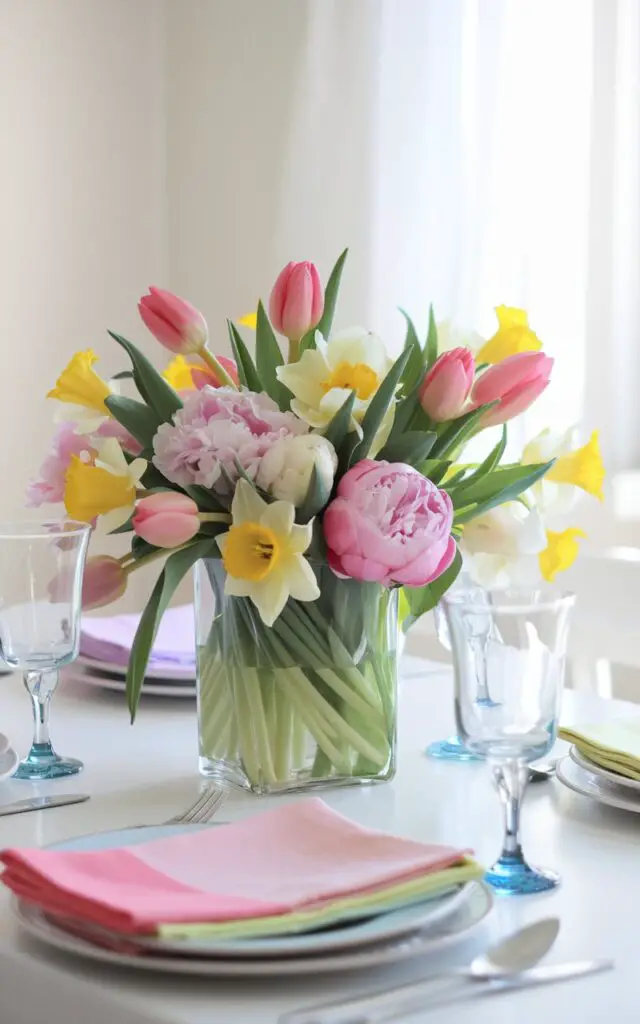 A bright spring dining table adorned with a stunning centerpiece of fresh tulips, daffodils, and peonies in shades of pink, yellow, and white. The flowers are arranged in a clear glass vase. The table is set with crisp white plates and pastel-colored napkins. Sunlight streams through a nearby window, casting a warm glow over the scene.