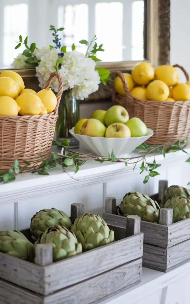 A whimsical spring mantel decorated with baskets of bright yellow lemons, a bowl of green apples, and rustic wooden crates holding fresh artichokes. A small vase of white flowers and sprigs of greenery balance the display. The vibrant colors of the fruits and vegetables create a lively and seasonal focal point.