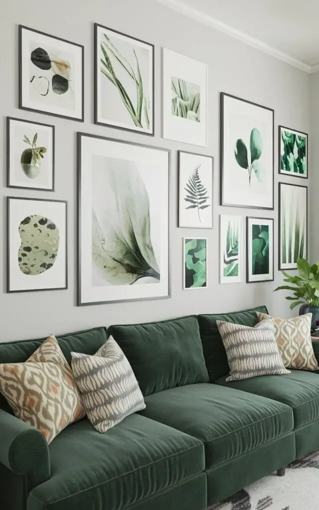 A creative living room with a very cozy green couch positioned beneath a stunning gallery wall. The wall features a mix of framed artwork in various sizes, showcasing abstract and botanical themes with hints of green. The couch is decorated with patterned throw pillows, and a nearby side table holds a potted plant. The room feels artistic and inviting.