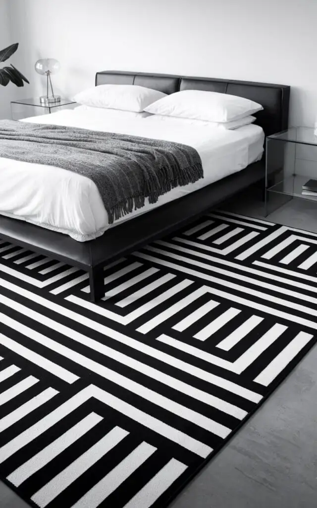 A contemporary bedroom with a bold black-and-white geometric pattern rug placed under a cozy bed. The bed has sleek white sheets and a textured gray throw blanket. The rug's sharp lines contrast beautifully with the minimalist design of the room, which includes clean-lined furniture and a monochromatic color palette. A glass-topped bedside table holds a modern table lamp. A single leafy plant adds a touch of natural vibrancy to the otherwise neutral space.