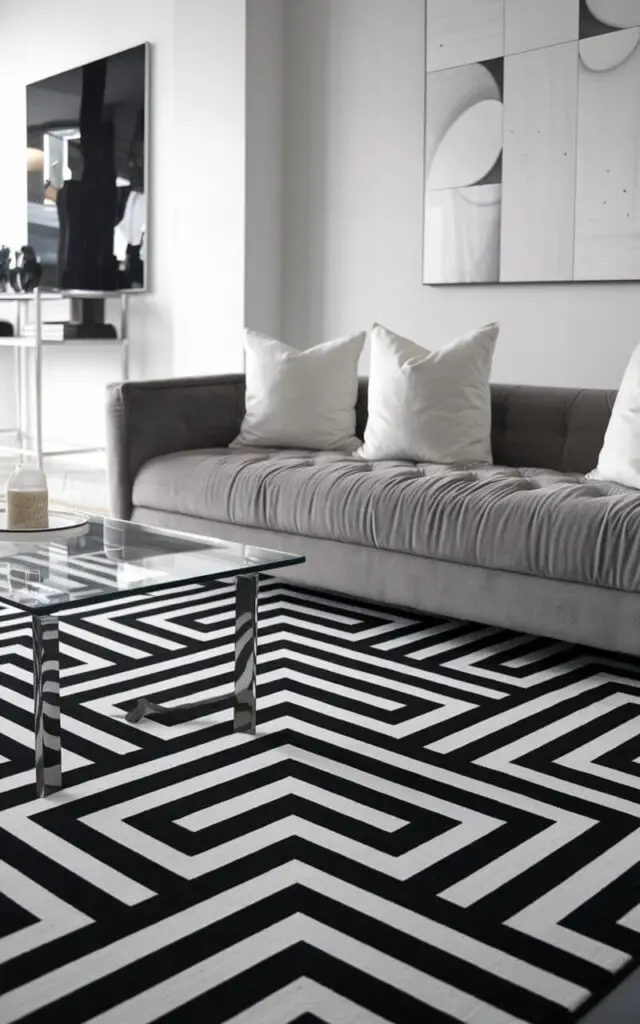 A photo of a chic modern living room with a striking geometric-patterned living room rug in black and white. The rug features clean lines and sharp angles that contrast beautifully with the plush gray sofa, which has been styled with crisp white throw pillows. A glass coffee table with metallic legs adds a sleek touch, and minimalist décor, including a monochrome artwork, enhances the contemporary vibe. The geometric rug provides the perfect focal point in this streamlined space.