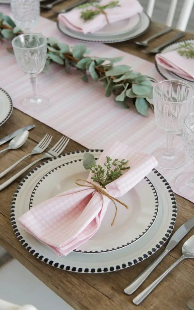 A charming spring dining table with a pastel pink gingham tablecloth. Matching gingham napkins are tied with twine and accented with small sprigs of greenery. Simple white dishes and clear glassware keep the look crisp and fresh. The gingham pattern adds a rustic, farmhouse-inspired vibe to the spring setting.