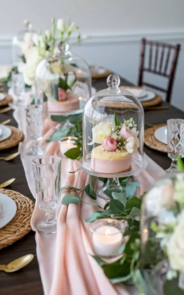 A sophisticated spring dining table with a pastel table runner. There are glass domes on the table, each containing a delicate dessert and a floral arrangement. The domes are placed on the table runner, surrounded by greenery and tea lights. The clear glass adds elegance while highlighting the intricate details within, making the table feel like a springtime celebration.