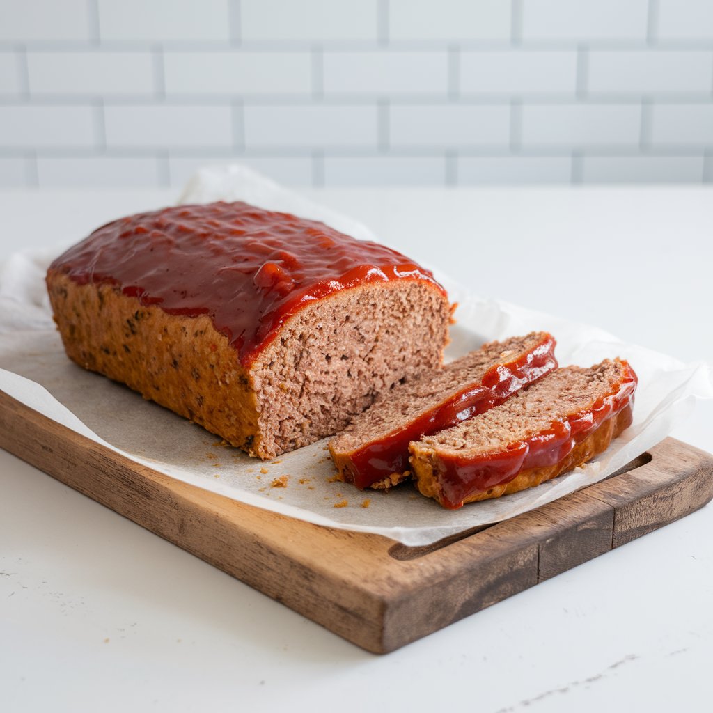 A golden, perfectly cooked gluten-free meatloaf rests gracefully on a bright, pristine white kitchen countertop. The loaf sits atop a rustic wooden cutting board, elegantly lined with parchment paper to prevent any mess. Its edges have developed a delicate crispiness, adding a satisfying contrast to the otherwise tender interior. The top of the meatloaf is generously glazed with a light, shiny layer of ketchup, giving it a subtle sweetness and a beautiful, glossy finish. A slice has been cut from the loaf, revealing the soft, inviting texture inside. The almond flour-based mixture holds its shape beautifully, speckled with finely grated onion that adds depth and a hint of savory flavor. The meatloaf, still warm from the oven, exudes a comforting aroma that fills the kitchen, inviting anyone nearby to indulge in a hearty, gluten-free meal. The overall presentation is rustic yet refined, making it a perfect centerpiece for any meal, whether casual or