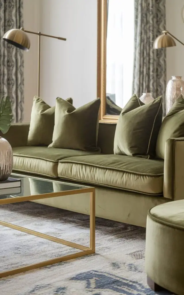 A photo of a stylish living room with a cozy green couch. The couch is complemented by shimmering gold accents, including a sleek gold-framed coffee table and a decorative vase. The room features a patterned rug and a brass floor lamp. A gold-framed mirror adds a touch of luxury. Plush green throw pillows enhance the couch's inviting appeal. The room exudes elegance and sophistication, making it perfect for relaxing or entertaining.