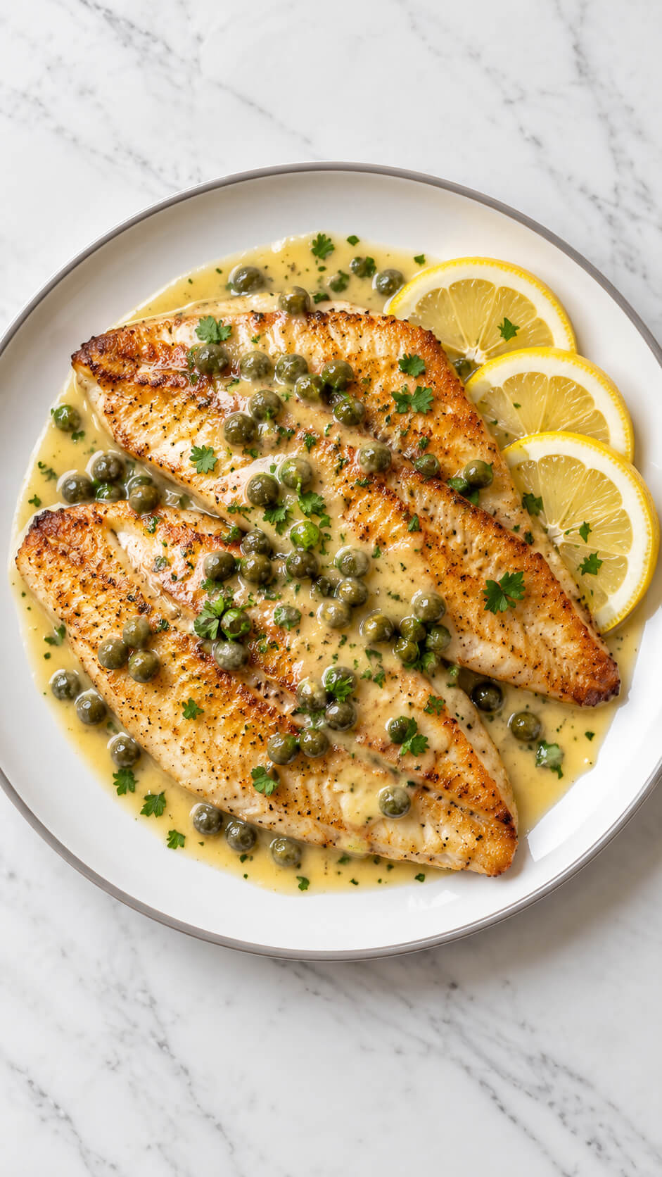 Golden Lemon Caper Fish on Marble