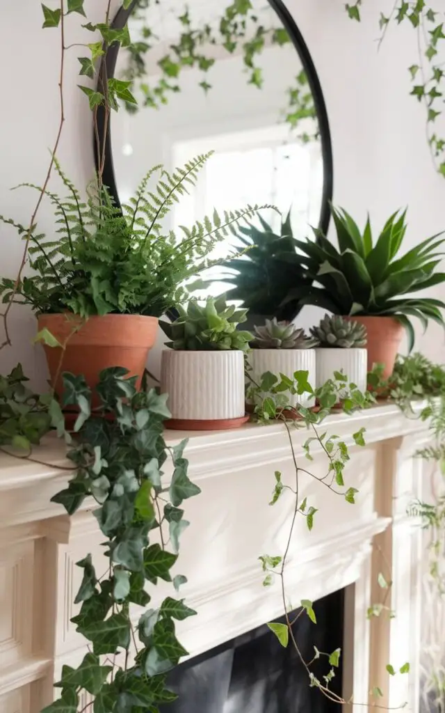 A photo of a spring mantel with lush greenery. There is a cascading ivy, potted ferns, and small succulents. The greenery is placed in terracotta and white ceramic pots. The mantel is above a white fireplace. There is a round mirror above the mantel, which reflects soft spring sunlight. Delicate vines drape gracefully over the edges, adding texture and life to the scene.