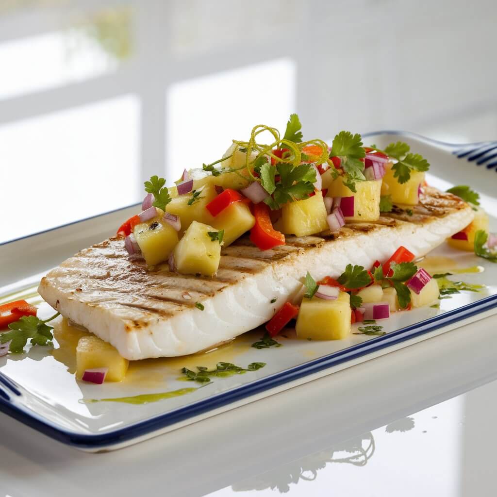 A photo of a perfectly grilled fillet of white fish with a vibrant pineapple salsa of golden cubes, red bell peppers, red onion, and chopped cilantro leaves. The fish is served on a rectangular white platter with a garnish of lime zest and a scattering of fresh herbs. The bright white kitchen countertop reflects the colorful salsa, amplifying its tropical appeal.