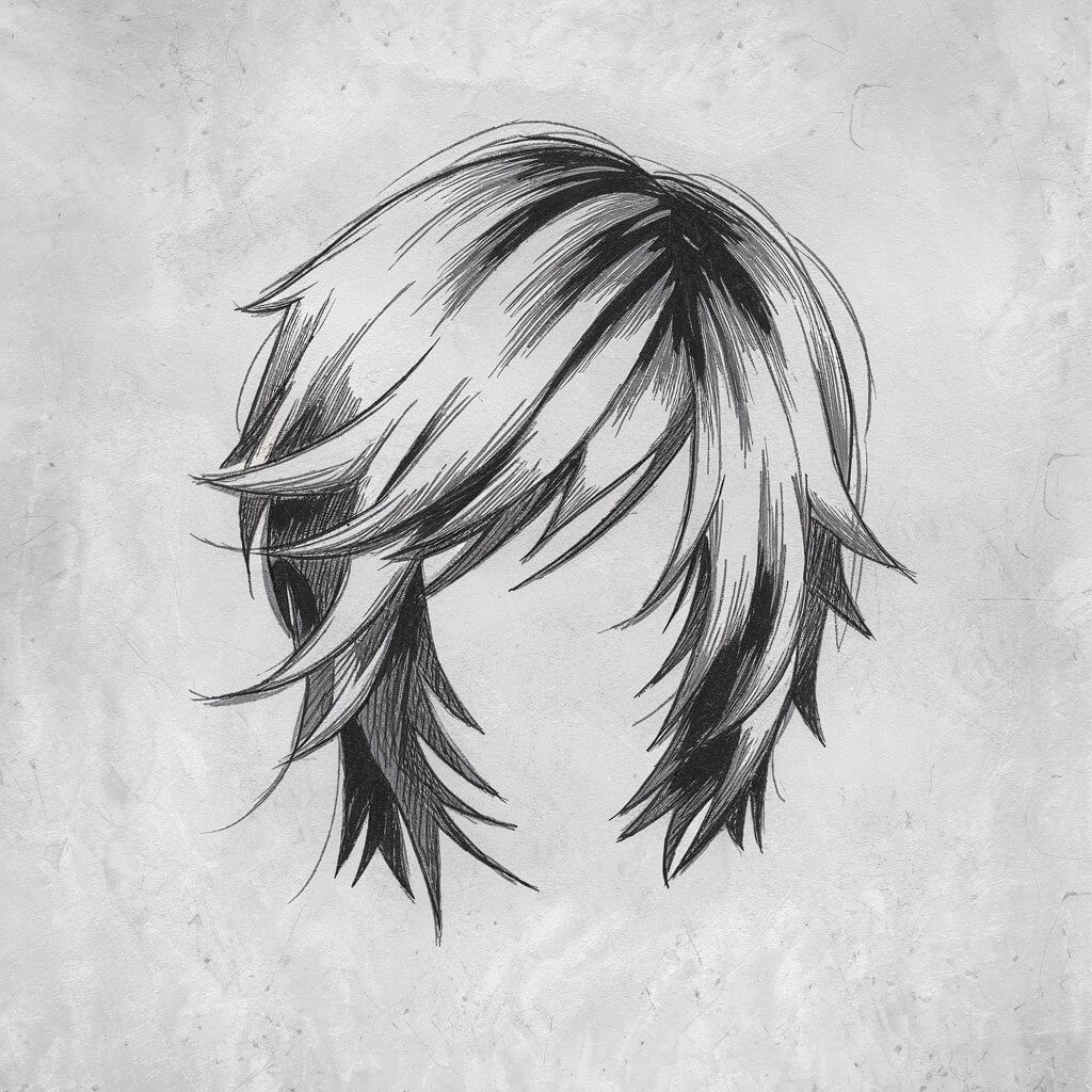 A minimalist, plain white background pencil drawing illustration of layered hair with choppy edges and jagged bangs. The hairstyle is drawn in a simplistic style, with sketchy lines and light shading emphasizing its edgy, rebellious character.