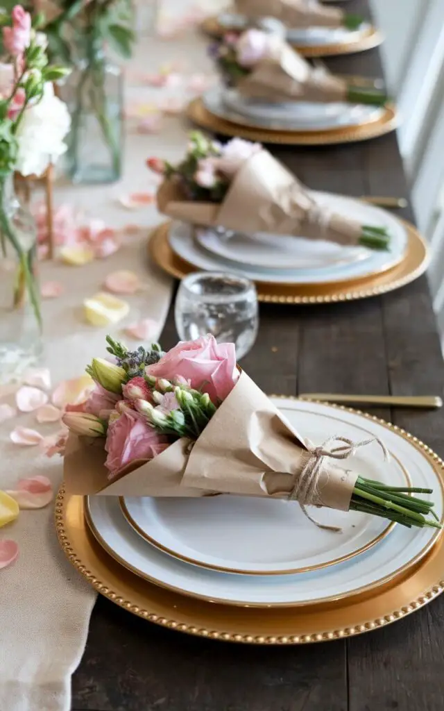 A photo of a spring dining table with small bouquets of fresh flowers placed at each setting. Each bouquet is wrapped in kraft paper and tied with twine, sitting on crisp white plates. The table is decorated with a linen runner and scattered petals, creating a warm and welcoming atmosphere.