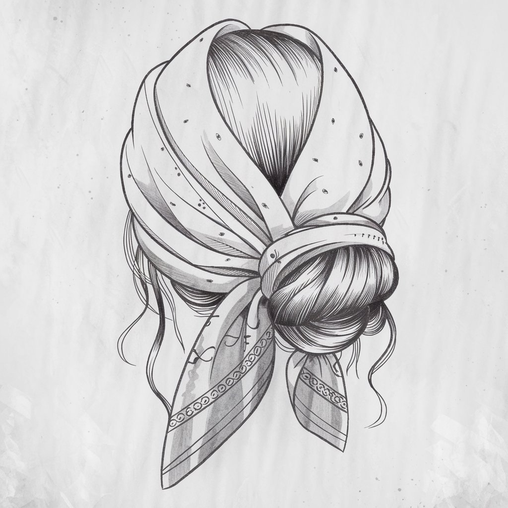 A pencil drawing of hair wrapped in a patterned scarf tied over a bun. The hair and scarf are drawn in a simplistic style, with clean lines and small decorative details. The background is a plain white background. The illustration has a minimalist style and conveys a cultural and personal story.