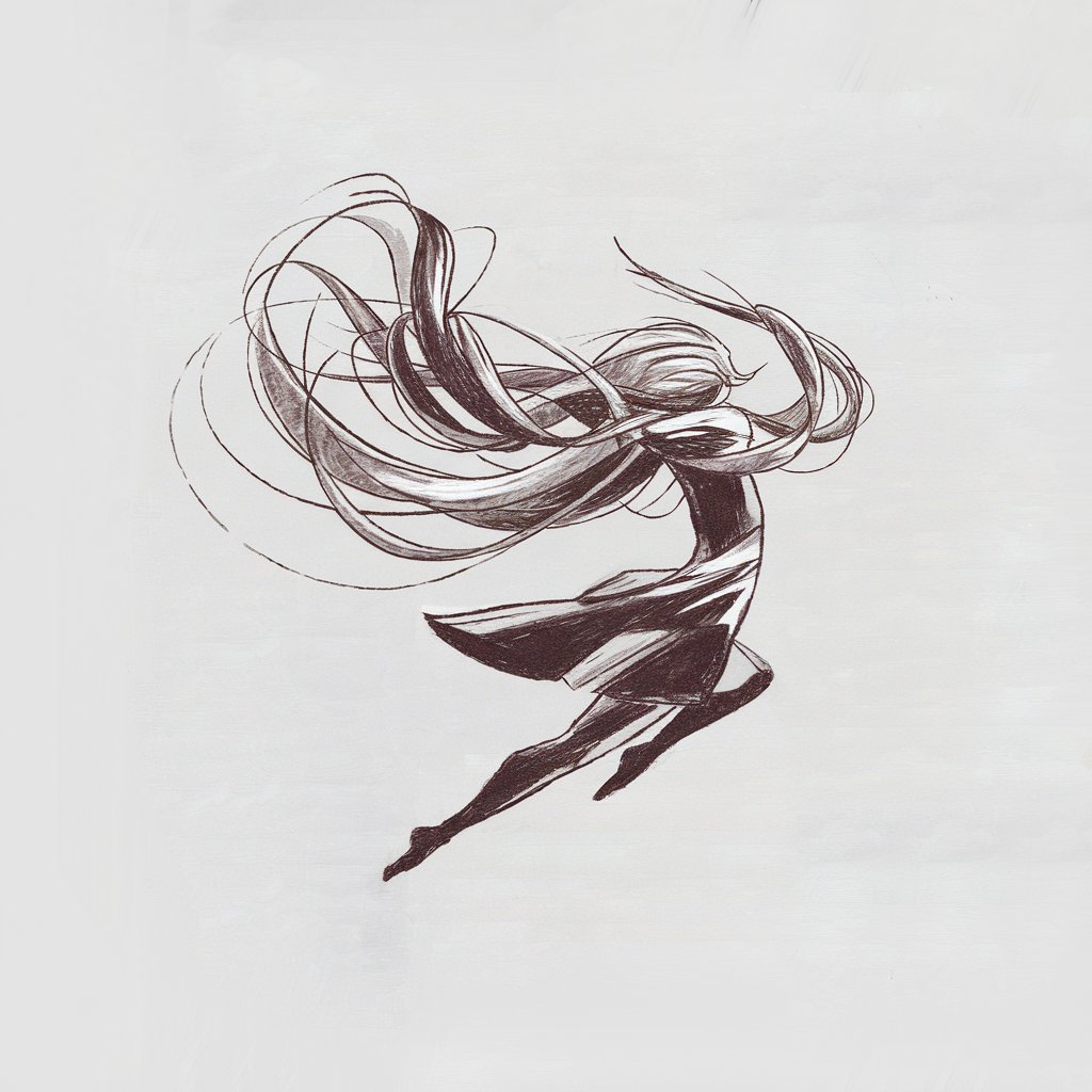 A minimalist, plain white background pencil drawing illustration of a character's hair mid-swing during a dance or jump. The hair is drawn in a simplistic style, with sweeping lines and dynamic angles. The background is plain white.