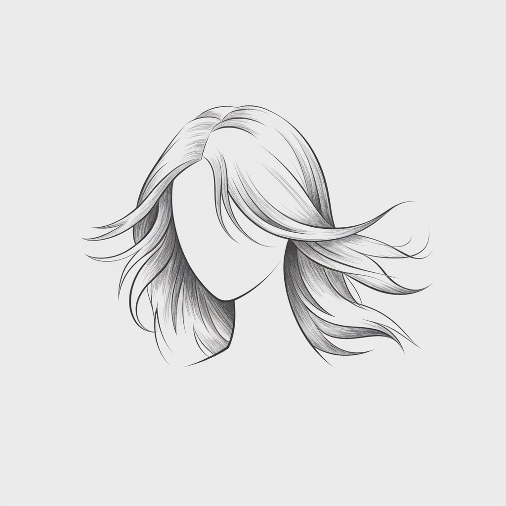 A minimalist, plain white background pencil drawing illustration of loose hair swaying softly in a gentle breeze. The hairstyle is drawn in a simplistic style, with flowing lines and light shading conveying calm and graceful motion.