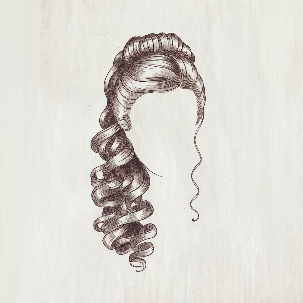 A minimalist, plain white background pencil drawing illustration of a half-up, half-down hairstyle with curls cascading below. The hair is drawn in a simplistic style, with soft lines and gentle highlights emphasizing its versatility and elegance.