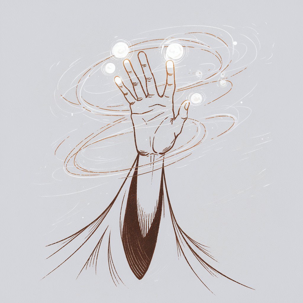 A minimalist, plain white background pencil drawing illustration of a n exact five-fingered hand casting a magical spell. The hand is outstretched, with the fingers slightly bent, suggesting control and focus. Swirling energy and faintly glowing orbs emanate from the fingers. Delicate lines and subtle shading convey the mystical energy. Drawn in a simplistic style, the image captures a sense of fantasy and power.