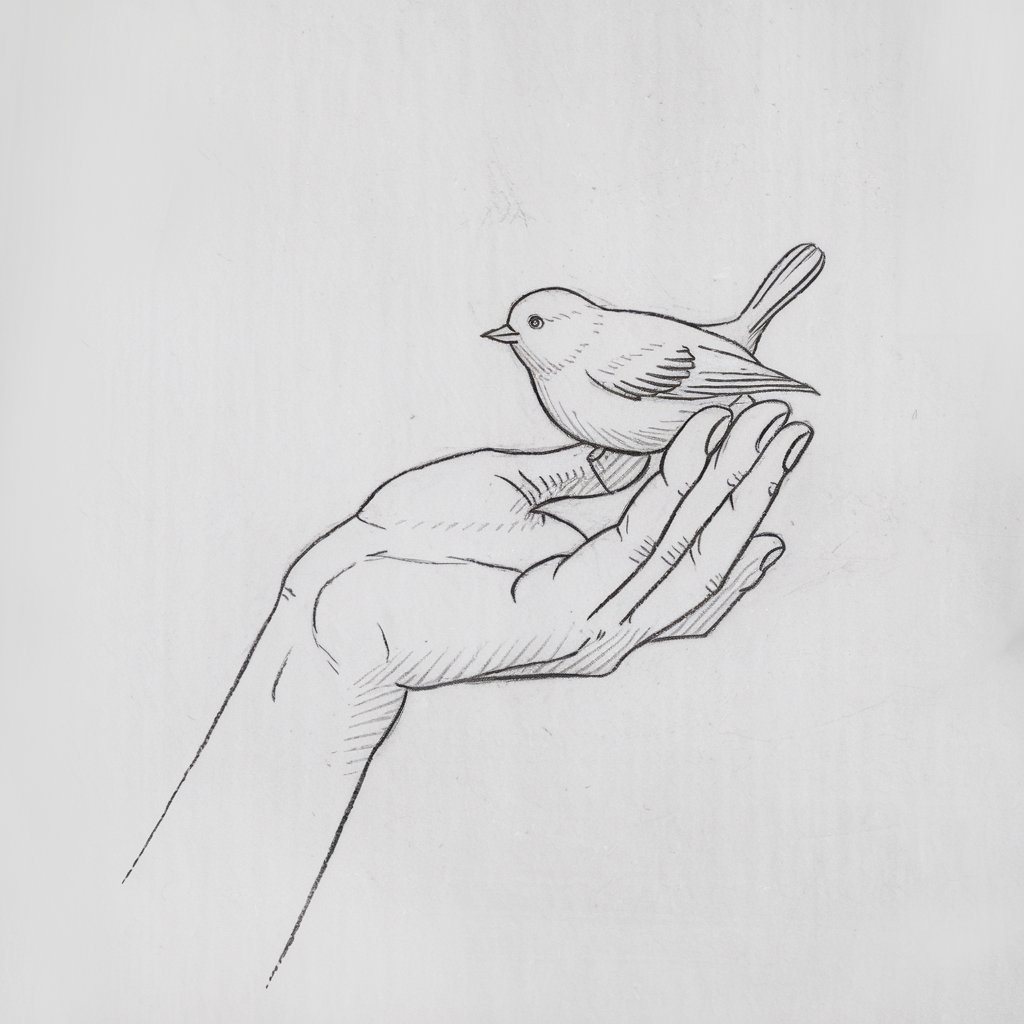 A minimalist pencil drawing illustration of a hand with exactly five fingers gently cradling a small bird, set against a plain white background. The hand's fingers are curved softly and naturally, forming a comfortable perch for the bird in the palm. The bird is lightly sketched, showing clear details of its wings, beak, and tail feathers, with faint shading for texture. The simplistic drawing style emphasizes harmony and care, ensuring anatomical accuracy with the correct number of fingers on the hand.