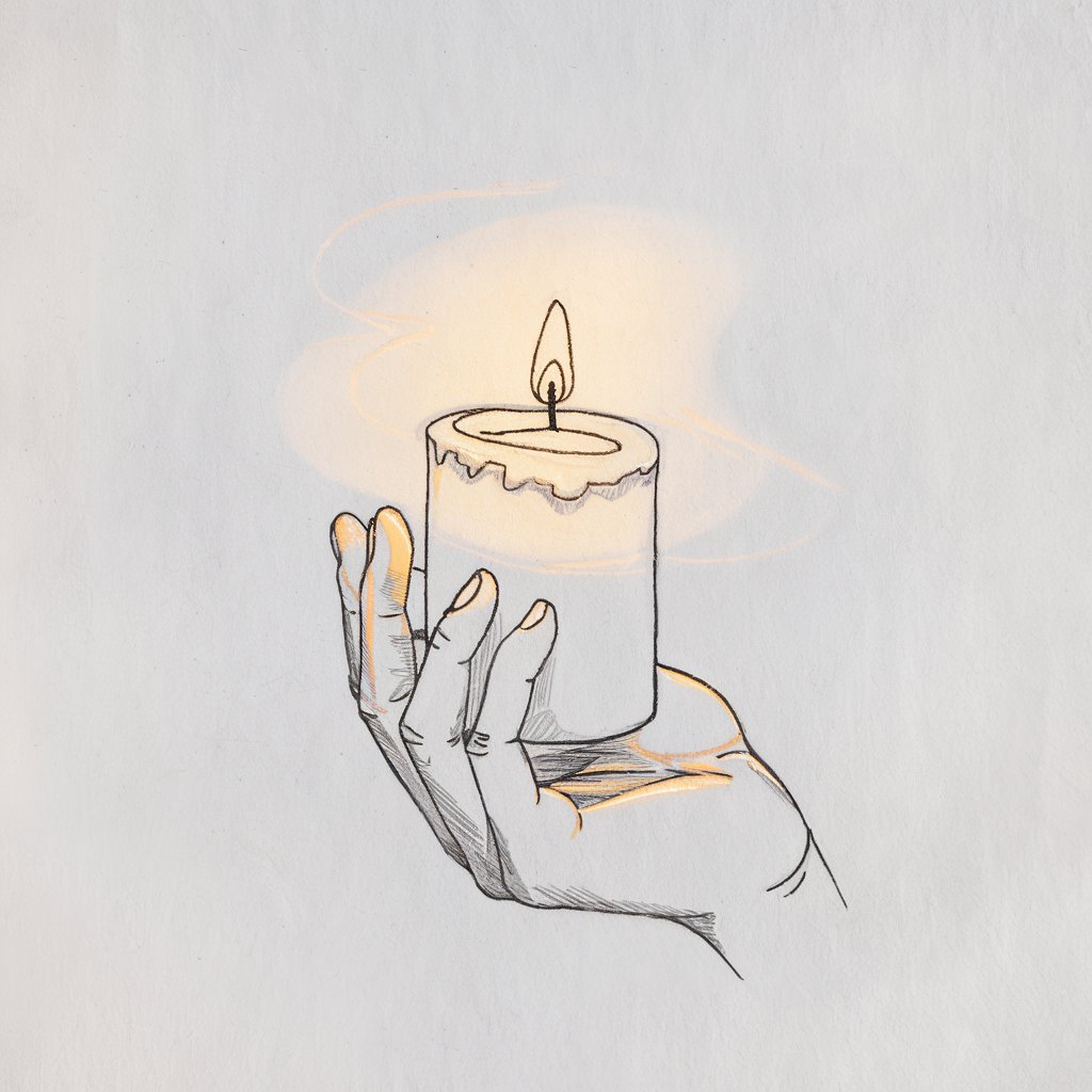 A minimalist, plain white background pencil drawing illustration of a hand gently holding a lit candle. The fingers are slightly curved around the cylindrical base of the candle, with light shading emphasizing the grip. The flame is delicately sketched, casting soft shadows on the fingers and a faint glow around the candle's wick. Drawn in a simplistic style, the scene conveys warmth and tranquility through clean lines and subtle shading.