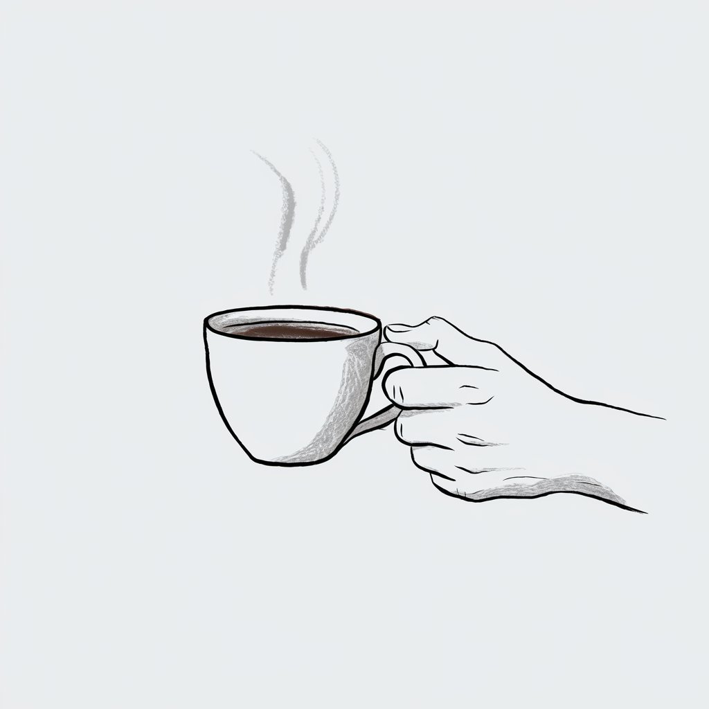 A minimalist pencil drawing of a hand holding a cup on a plain white background. The cup is simple, with a white body and a brown rim. The hand is drawing a natural grip around the cup, with the curve of the thumb resting on the rim. There is a faint steam rising from the cup, adding warmth and softness to the scene. The drawing is done in a simplistic style, making the composition cozy and approachable.