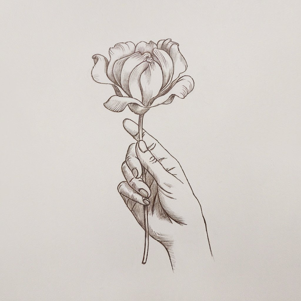 A pencil drawing illustration of a hand delicately holding a single flower on a plain white background. The flower has soft, curved petals and is held by the hand in a simplistic style. The hand has minimal shading to convey softness and elegance.