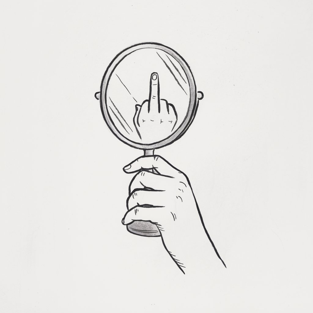 A minimalist pencil drawing on a plain white background. A five-fingered hand delicately grips the handle of a small, round mirror. The fingers are slightly curled, and there is subtle shading on the mirror. Within the mirror, a faintly sketched reflection reveals the hand making a middle finger gesture. The illustration is rendered in a simplistic style, yet it exudes elegance and creativity.