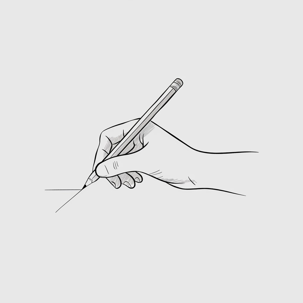 A minimalist pencil-drawn illustration on a plain white background, depicting a hand firmly gripping a pencil. The fingers are wrapped around the pencil's slender body, which is slightly angled upward. The pencil tip is delicately sketched for added realism. Light creases mark the bending fingers, and subtle shading adds dimension to the knuckles. Rendered in a simplistic style, the focus is on the interaction between the hand and the pencil, with understated details. The hand appears to be in the act of writing.