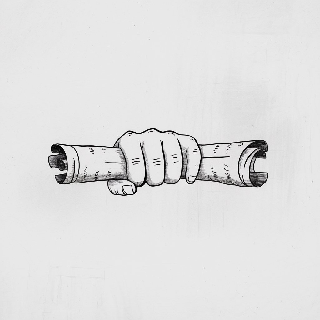 A minimalist, plain white background pencil drawing illustration of an exact five-fingeres hand gripping an unfurling scroll. The scroll features faintly sketched lines to suggest text, and the edges are slightly curled for an aged effect. The fingers wrap around the scroll naturally, with light creases at the knuckles. Drawn in a simplistic style, the piece feels historical and intriguing.