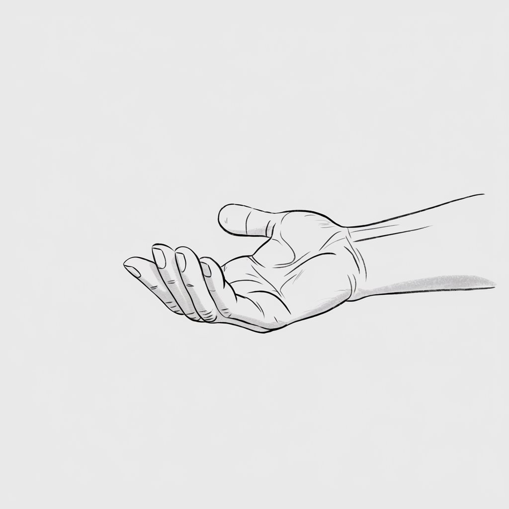 A minimalist, plain white background pencil drawing illustration of a five-fingered hand reaching outward with the fingers slightly spread. The palm faces forward, with gentle creases sketched around the joints and subtle shading defining the contours of the hand. The positioning suggests an offering or a request. Drawn in a simplistic style, the sketch captures emotion and gesture with refined simplicity.