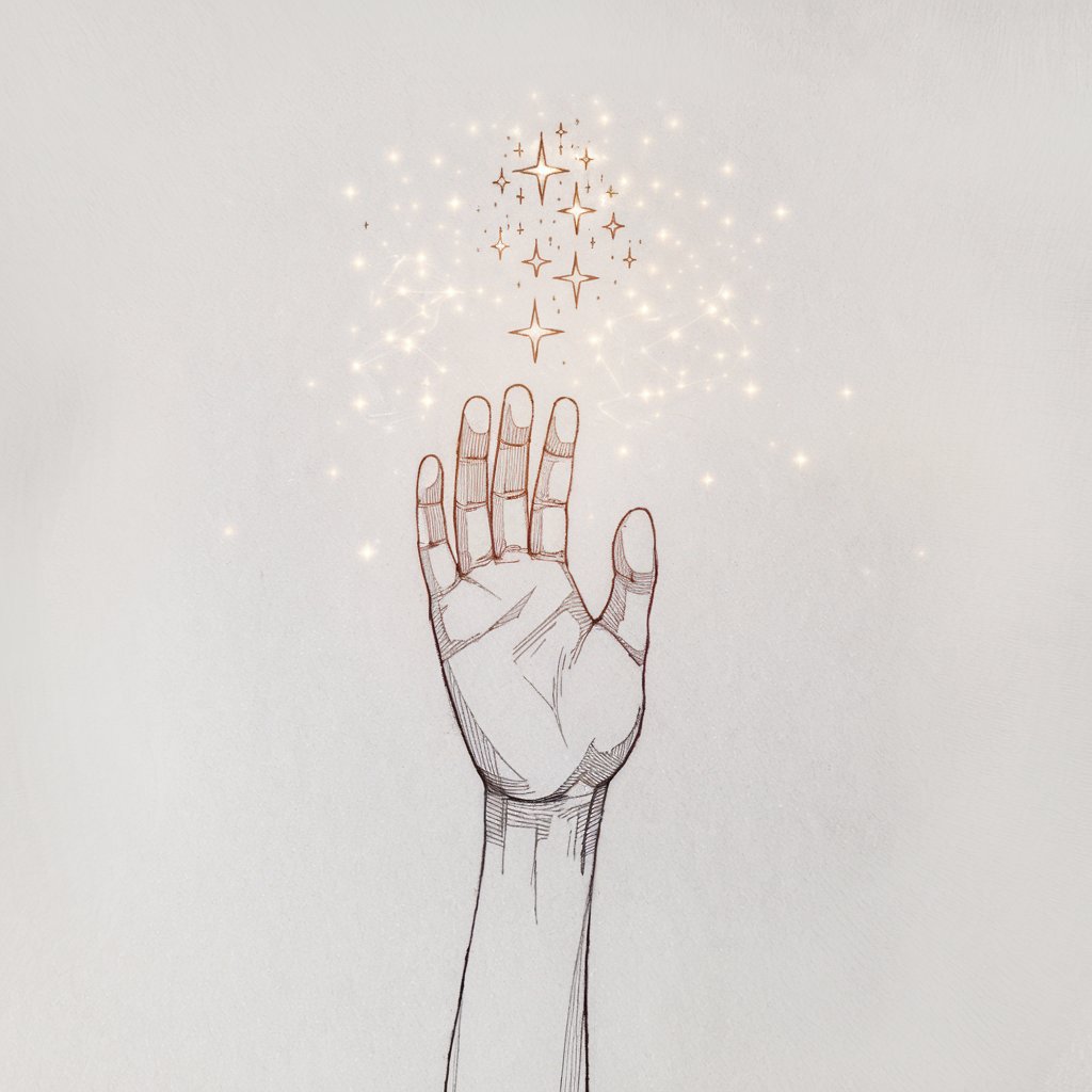 A minimalist pencil drawing of an outstretched hand reaching upward. The hand has five fingers and is positioned on a plain white background. The fingers are fully extended, with the palm slightly angled outward. There is a cluster of small, glowing stars above the hand. The stars are faintly sketched and have delicate, twinkling details. The image has clean lines and gentle shading, giving it an ethereal quality.