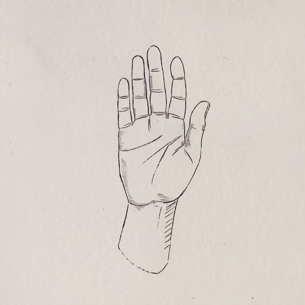 A minimalist, plain white background pencil drawing illustration of a hand waving, with the fingers spread apart in a relaxed gesture. The palm is open and lightly detailed with subtle creases, while the fingers are slightly curved at the tips. The wrist is angled gently upward, adding movement to the drawing. Created in a simplistic style, the focus is on the natural, friendly gesture conveyed through clean lines and light shading.