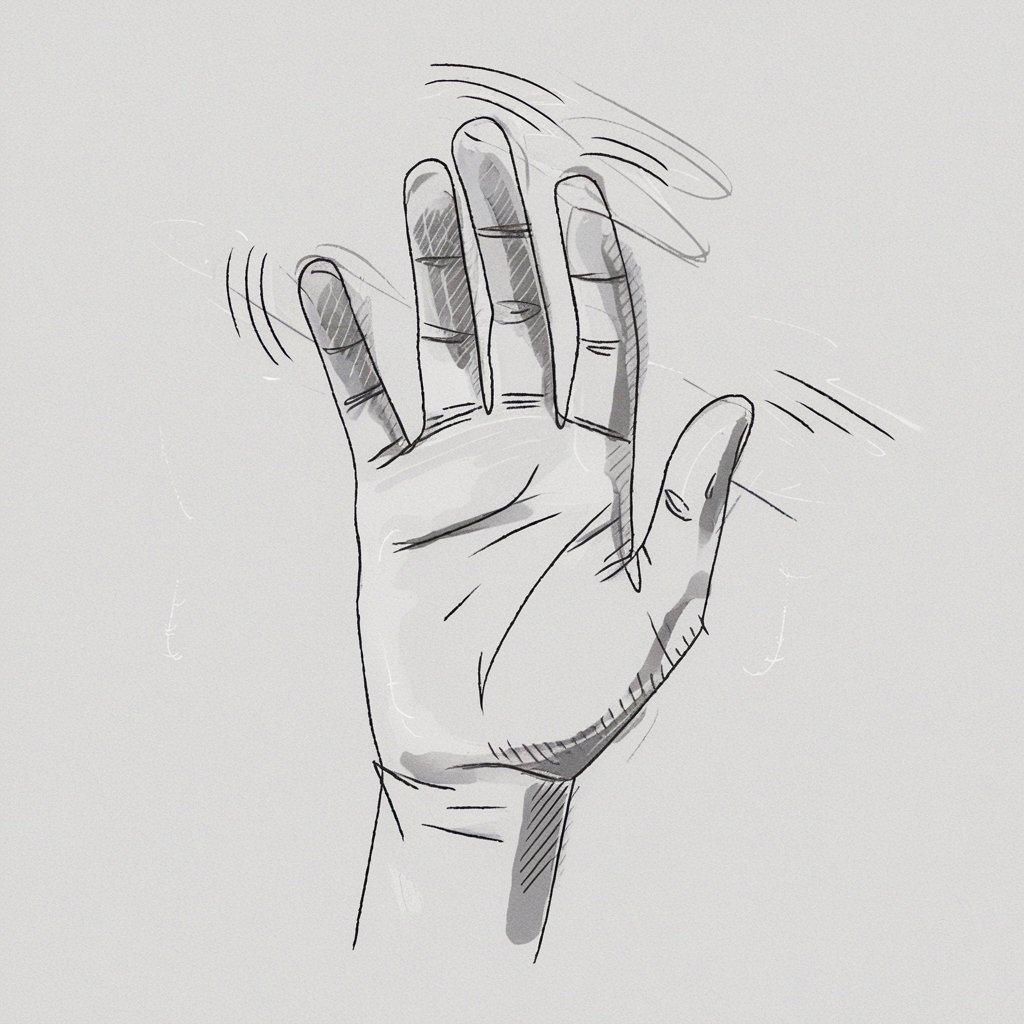 A minimalist, plain white background pencil drawing illustration of a hand in the midst of a motion, such as gesturing or waving. The fingers are slightly blurred with faint overlapping lines to suggest movement, while the palm is lightly sketched with minimal shading to define its shape. Each digit is angled differently, adding to the dynamic feel of the drawing. Drawn in a simplistic style, the motion is captured with subtle energy and clean lines.