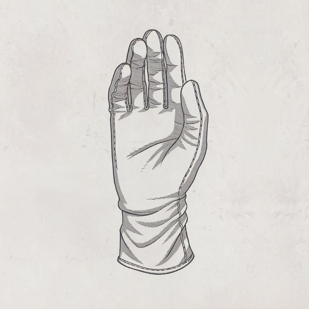 A minimalist, plain white background pencil drawing illustration of a hand wearing a snug glove. The glove has faint creases where the material stretches over the fingers and palm. The glove has a smooth texture, and subtle folds appear at the wrist for added realism. The fingers are slightly bent, giving the glove a natural shape. The image is drawn in a simplistic style, balancing realistic anatomy with clean, minimal detailing.