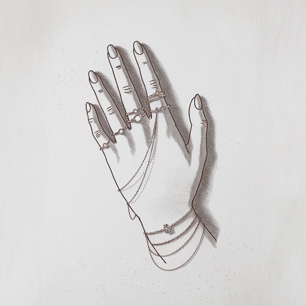 A minimalist pencil-drawing illustration of a lady's hand with five fingers, adorned with various pieces of jewelry. The hand is placed on a plain white background. The jewelry includes rings, bracelets, and a delicate chain. The subtle shading enhances the metallic surfaces, adding depth and a polished yet understated effect. The illustration is rendered in a simplistic style, with the focus on elegance and intricate detail.