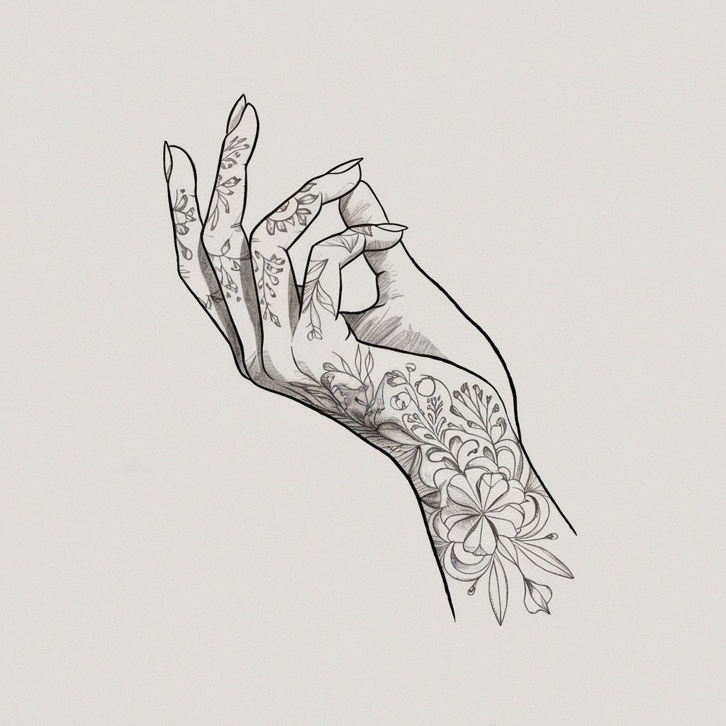 A minimalist pencil drawing illustration of a feminine hand with intricate tattoos. The hand is adorned with floral designs and geometric shapes, covering the fingers and the back of the hand. The fingers are relaxed, and there is subtle shading to suggest the texture of the skin beneath the tattoos. The drawing is set against a plain white background.