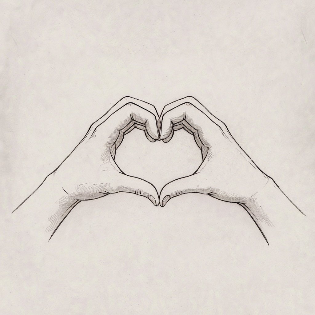 A minimalist, plain white background pencil drawing illustration of two hands joined to form a heart shape. The thumbs and fingers are curved symmetrically, with light shading to emphasize their gentle connection. The palms are subtly detailed, and the heart shape is clean and well-defined. Drawn in a simplistic style, the image radiates warmth and affection through its balanced, minimal composition.