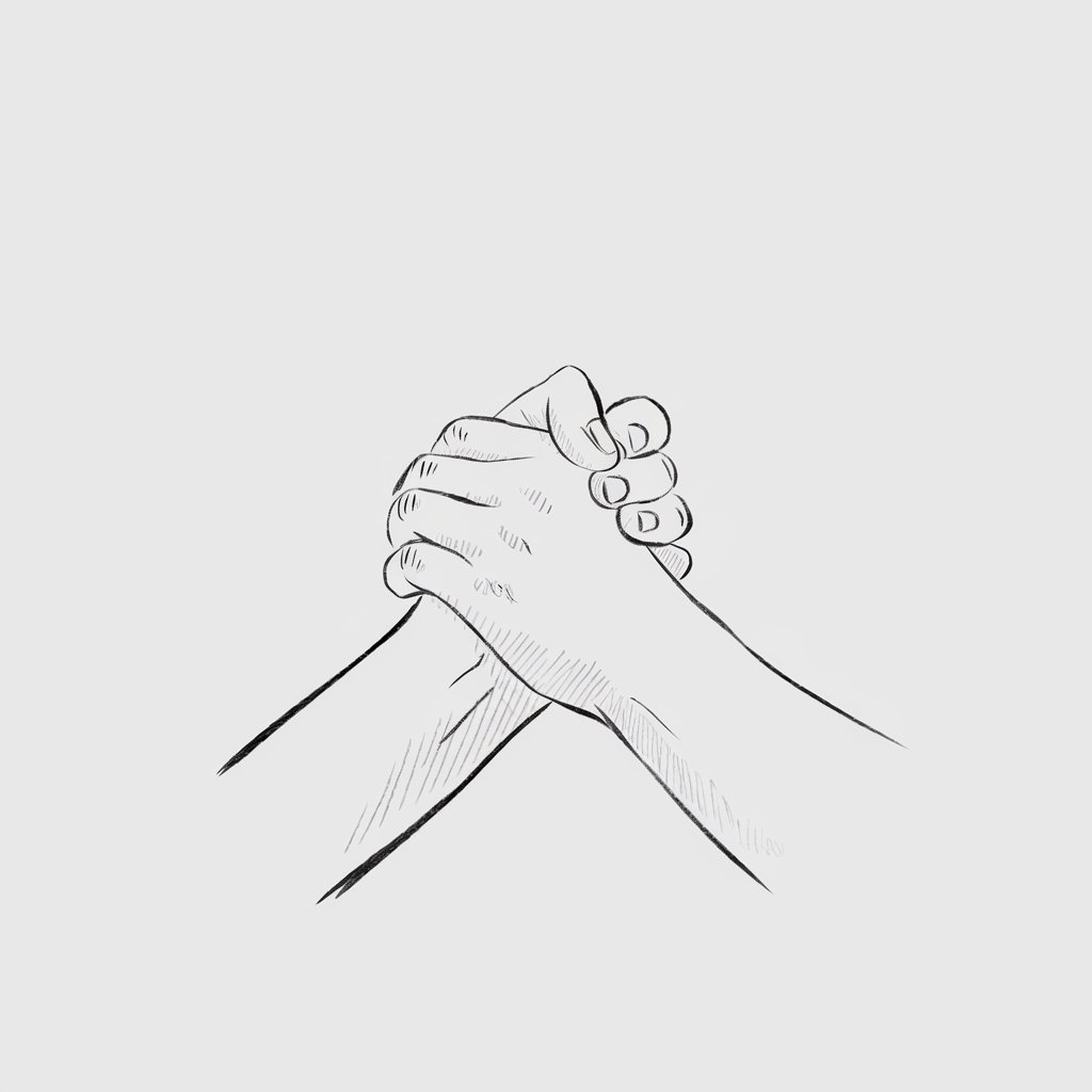 A minimalist, plain white background pencil drawing illustration of two hands clasped together, symbolizing connection. One hand's fingers interlock with the other's, creating a natural grip. Subtle creases and light shading show the pressure where the hands meet. Each hand is slightly angled, adding dimension. Drawn in a simplistic style, the sketch emphasizes unity and warmth with understated detail.