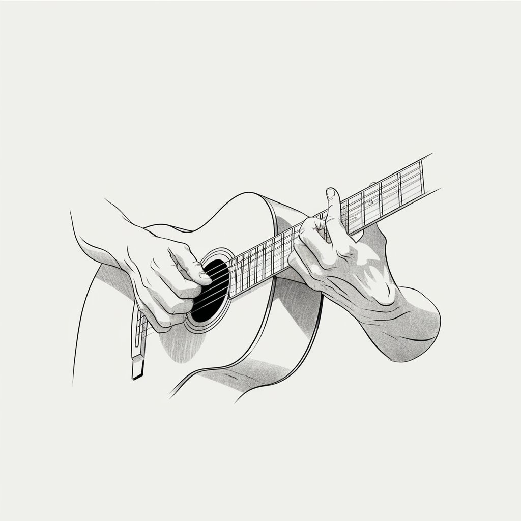 A minimalist pencil drawing illustration on a plain white background, depicting two hands playing a guitar. The fingers are anatomically accurate, positioned naturally on the strings—one hand strumming and the other fretting. The illustration uses light shading to add depth to the guitar's surface. Subtle creases and natural tension in the fingers emphasize realism. The style remains simplistic, balancing accurate anatomy and the dynamic motion of playing.