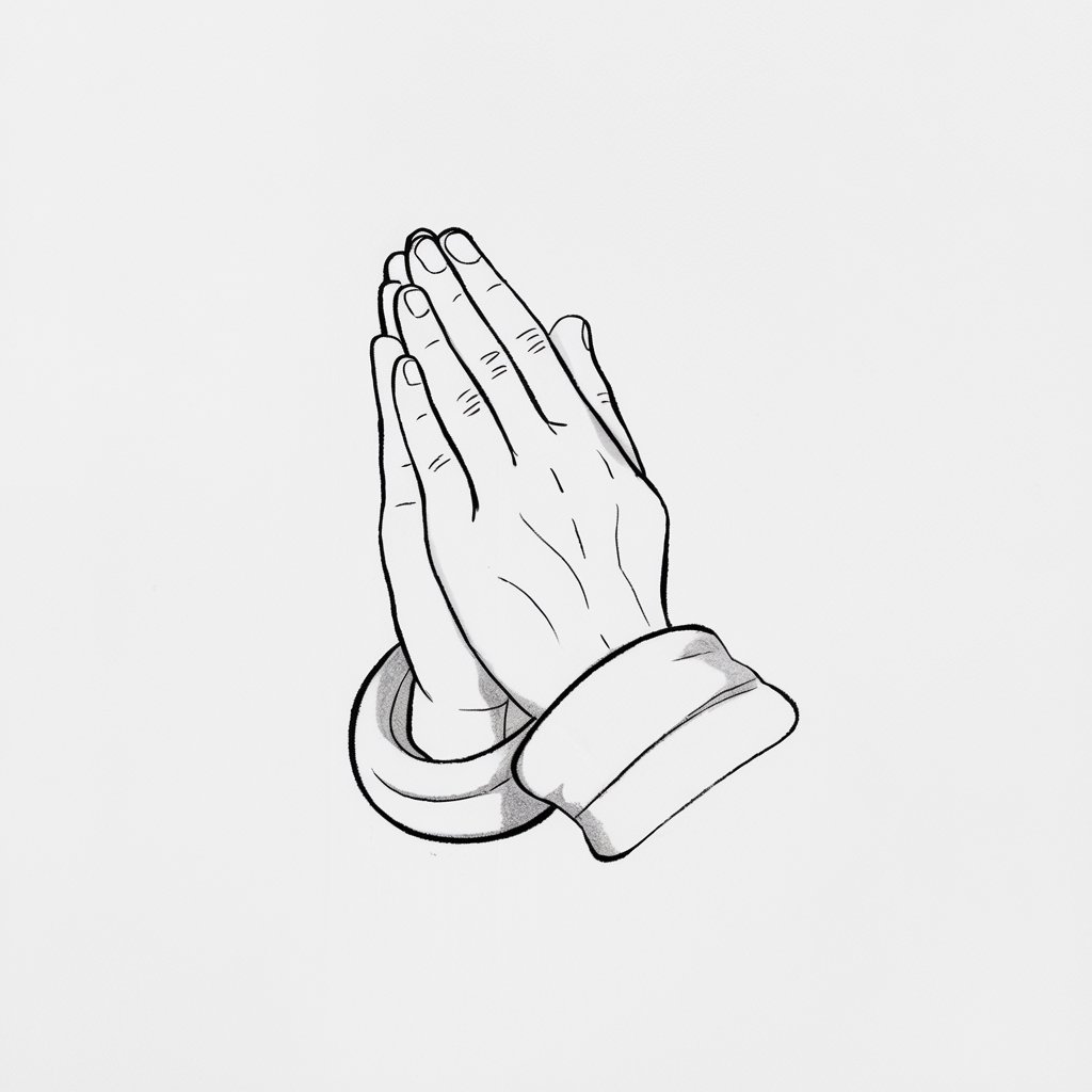 A minimalist, plain white background pencil drawing illustration of two hands pressed together in a praying position. The fingers are aligned neatly, with faint creases where the joints bend and soft shadows between the fingers for depth. The palms are slightly curved inward, and the wrists taper gently at the base. Drawn in a simplistic style, the composition emphasizes symmetry and serenity with minimalistic detailing.