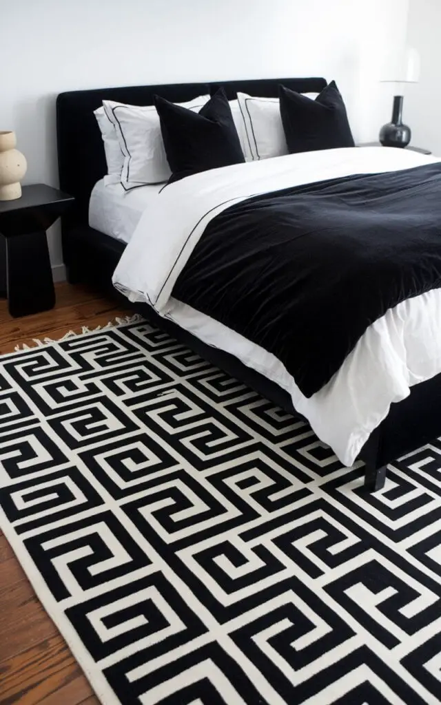 A bold bedroom with a high-contrast black-and-white patterned rug under a very cozy bed with sleek black bedding and crisp white pillows. The striking rug creates a dramatic focal point in the space, which also includes modern furniture with clean lines and minimal decor. A black bedside table with a simple ceramic lamp completes the edgy, stylish look.