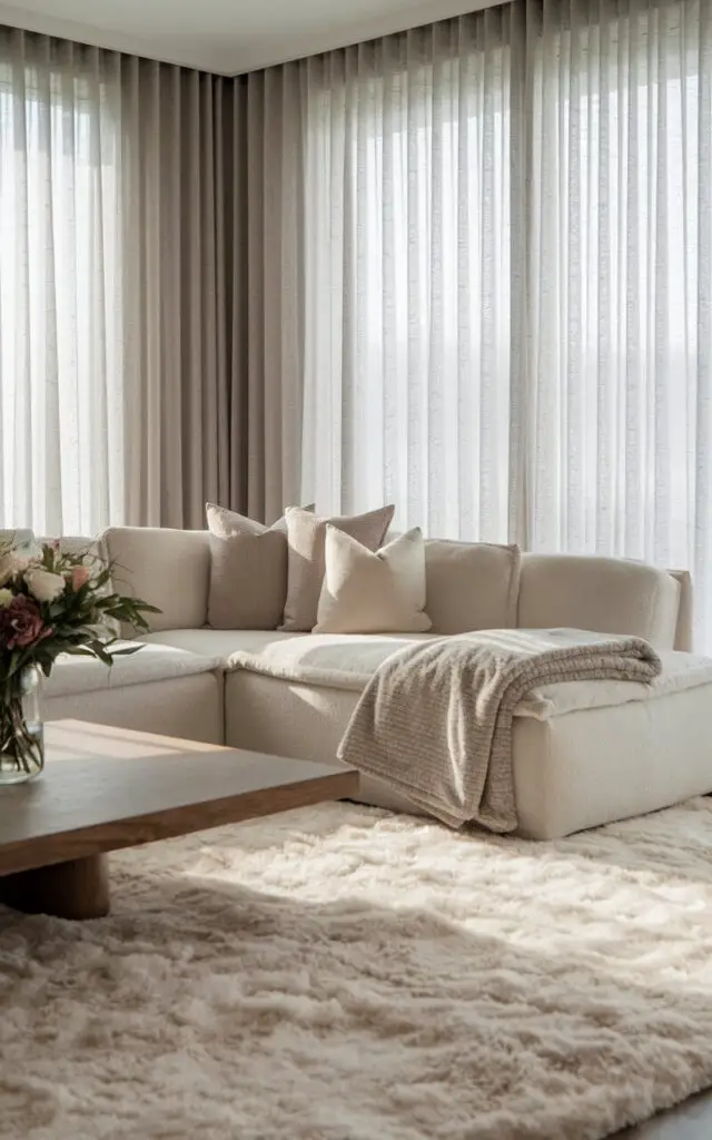 A photo of a serene living room with a luxurious high-pile living room rug in pure white, creating a cloud-like effect underfoot. The very cozy sectional sofa in light gray is styled with plush throw pillows and a soft fleece blanket. A low wooden coffee table holds a vase of flowers. Floor-to-ceiling curtains in a sheer fabric filter natural light, while the high-pile rug adds unmatched softness and coziness to the space.