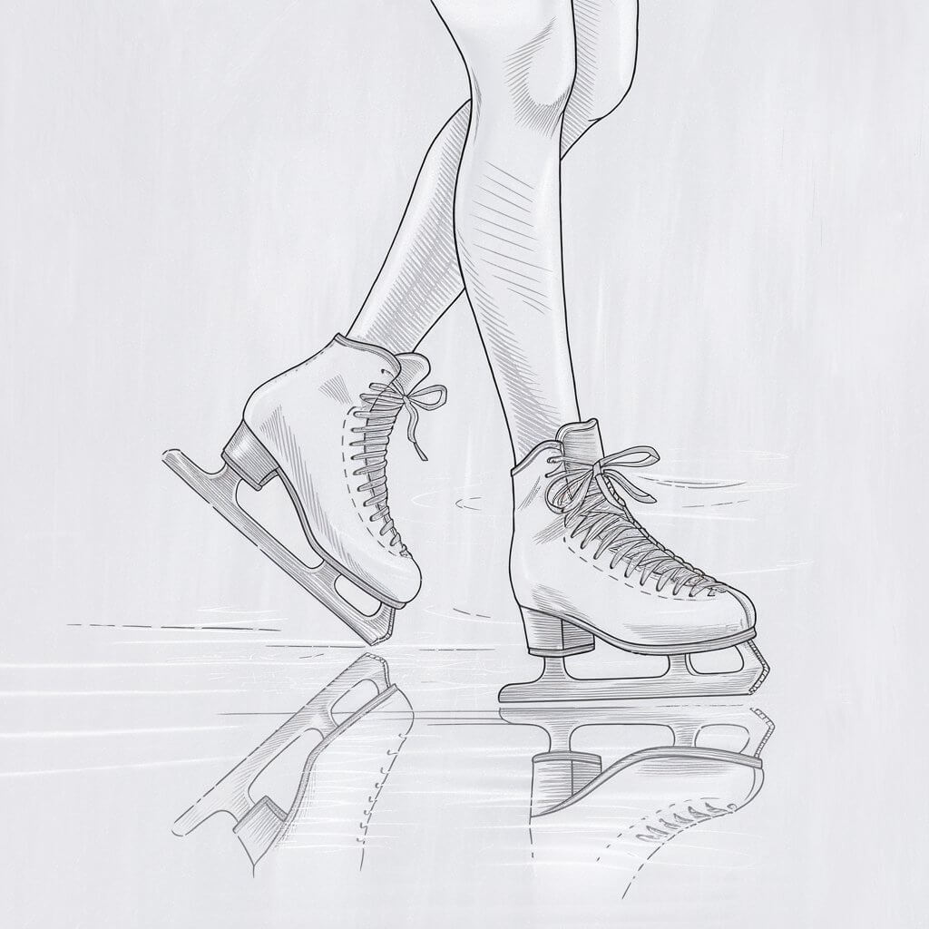 A minimalist, plain white background pencil drawing illustration of legs gliding across ice, wearing detailed figure skates. The skates are drawn with precise lines, showing laces and blades, while light shading enhances the calves’ curves. Reflections on the ice are subtly indicated beneath the feet. Drawn in a simplistic style, the image captures the elegance of skating in a clean, minimalist composition.