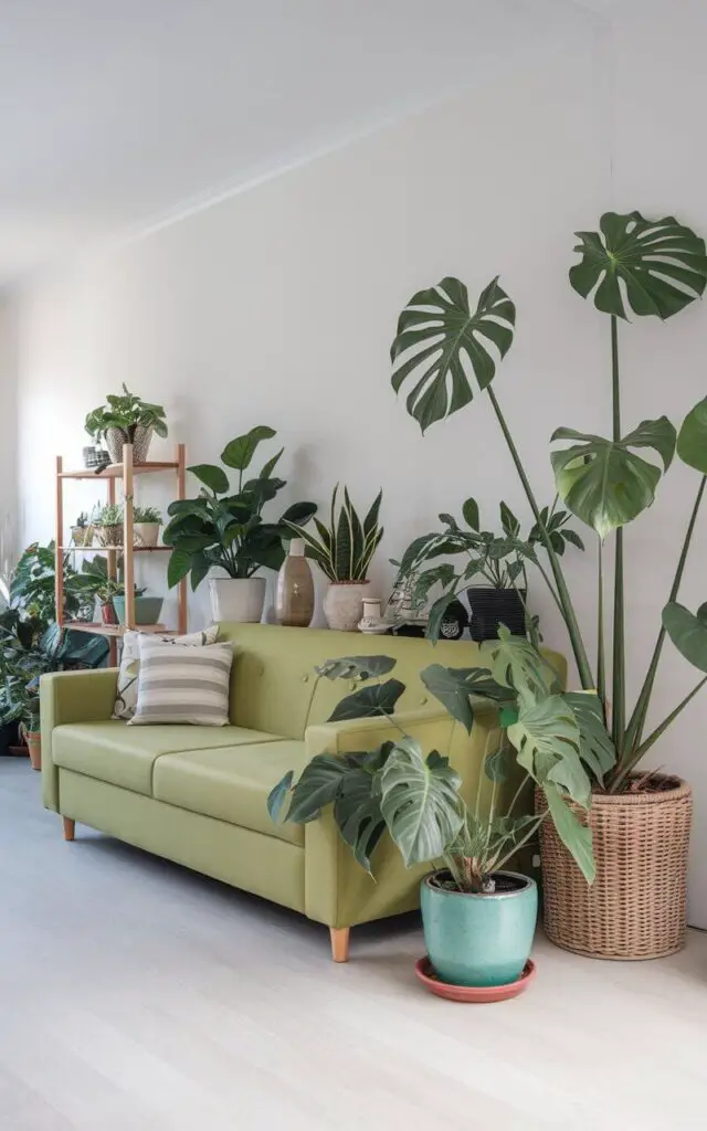 A photo of a vibrant living room with a green couch. The couch is surrounded by various indoor plants. A monstera plant stands tall in a wicker pot next to the couch. Smaller plants are arranged on a nearby wooden shelf. The room has white walls and a light wooden floor. The overall look is fresh, vibrant, and full of life.