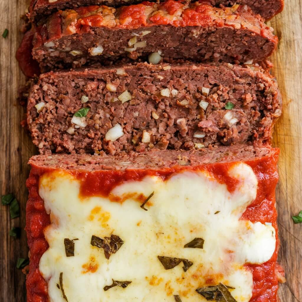 A close-up, top-down view of a sliced Italian-style meatloaf displayed on a rustic wooden cutting board. The cooked meatloaf is generously topped with a layer of melted mozzarella cheese that is slightly golden and bubbly, with flecks of herbs, including chopped basil, scattered over the top for garnish. The meatloaf has been sliced into several thick, even pieces, revealing the interior texture of the moist, well-cooked brown ground meat. Bits of finely diced onion and breadcrumbs are visible within the slices, showcasing the classic meatloaf structure. The edges of the meatloaf have a rich, golden-brown crust, likely from baking, adding a deliciously crisp contrast to the soft and juicy interior. A light coating of marinara sauce is visible beneath the cheese on the top of the meatloaf, adding a vibrant red hue and enhancing the Italian flavor. The cutting board background complements the dish's warm tones,