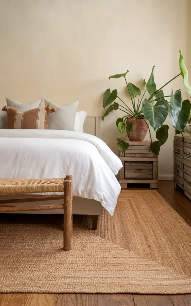 A serene bedroom with a woven jute rug in warm beige tones. The rug is layered under a cozy bed with crisp white bedding and earthy accent pillows. The room has rustic wooden furniture and an oversized potted plant, adding a fresh, green element to the space. The hardwood floors contrast with the rug's texture, adding a natural and organic touch.