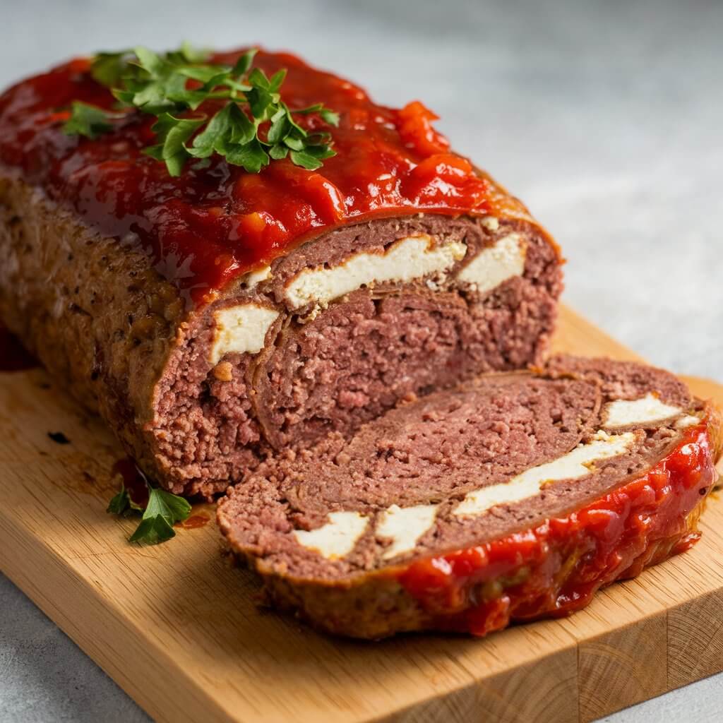 A hearty, rustic meatloaf sits prominently on a rectangular wooden cutting board, partially sliced to reveal its tender, moist interior. The rich brown color of the cooked meat is interspersed with layers of creamy, crumbled feta cheese that add a touch of elegance to the hearty dish. The meatloaf is topped with a thick, glossy tomato glaze, its vibrant red hue glistening under the soft light. A delicate sprinkling of finely chopped fresh parsley adds a pop of green, providing a contrast that enhances the overall presentation.