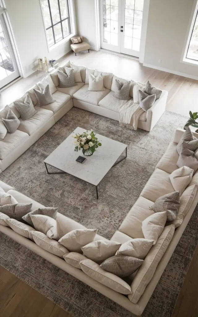 A spacious, open-concept living room anchored by an oversized area living room rug in a neutral gray tone. The very cozy sectional sofa, upholstered in a soft cream fabric, surrounds the space, offering ample seating. A square marble coffee table sits at the center, accessorized with a vase of fresh flowers. Large windows flood the room with natural light, while the expansive rug visually ties all the elements together in a harmonious layout.