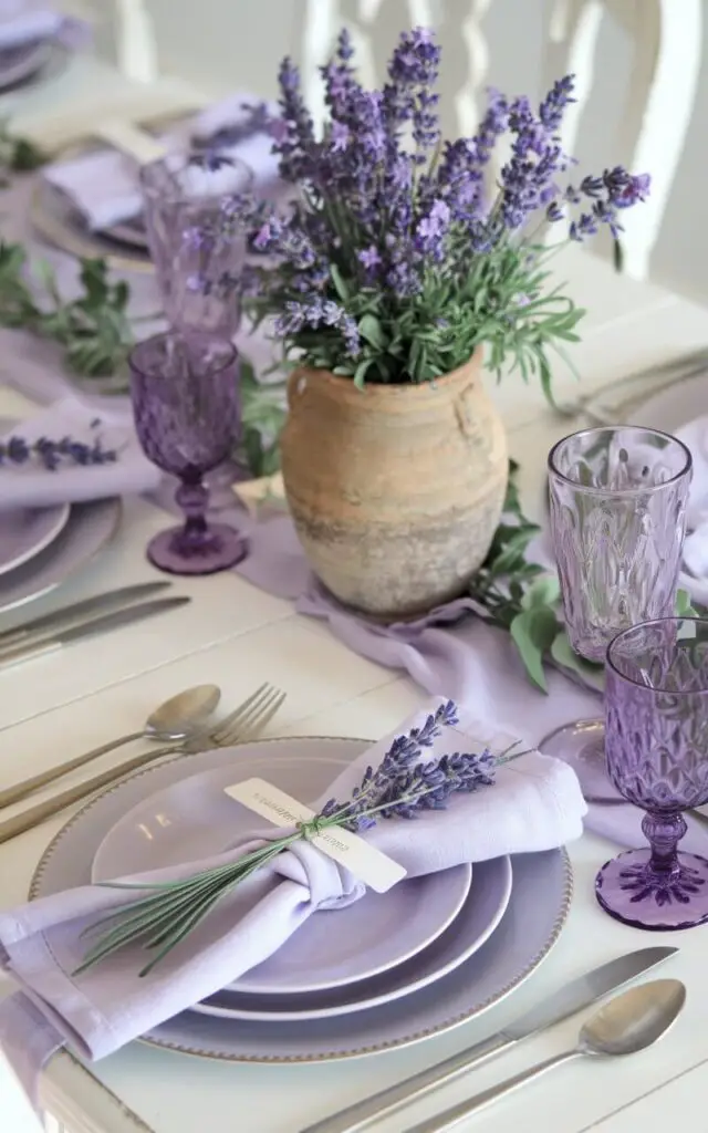 A photo of a serene spring dining table. The table is decorated with lavender sprigs tied to linen napkins. A lavender centerpiece in a rustic ceramic vase takes center stage, complemented by soft purple plates and silver flatware. The soothing lavender tones create a calm, inviting atmosphere.