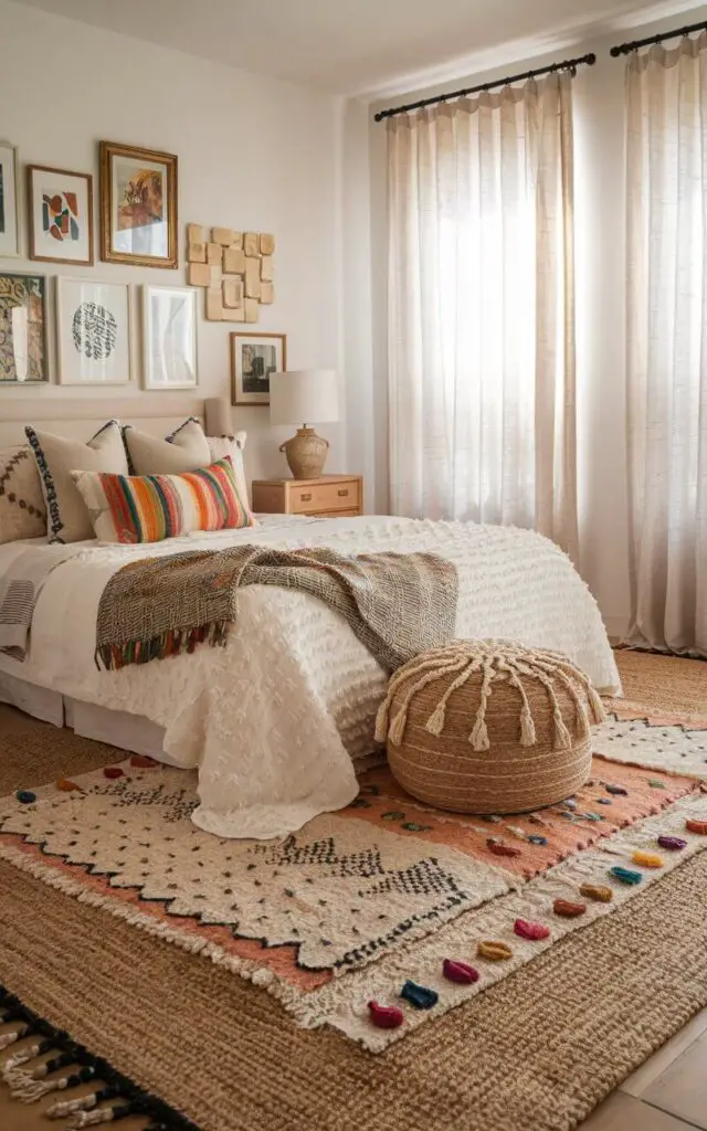 A boho-inspired bedroom with a layered rug look. A large neutral jute rug is topped with a smaller, patterned area rug. The room features a cozy bed with a mix of textured white bedding and colorful accent pillows. A vintage-style nightstand holds a ceramic lamp. A gallery wall of eclectic art frames the bed. Soft, natural light filters through gauzy curtains, enhancing the layered rug design.